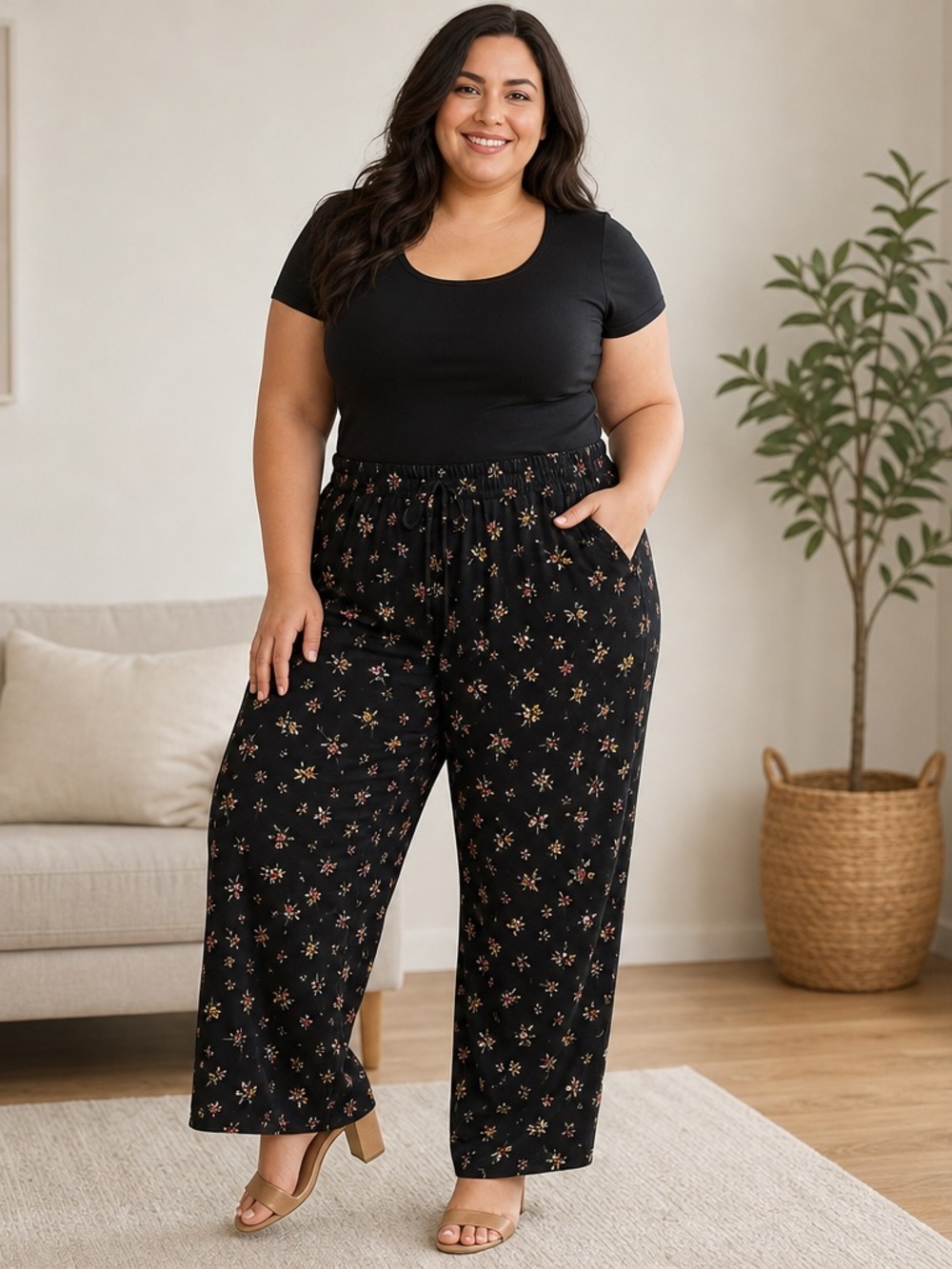 Lauren Ralph Lauren Floral Palazzo Pants Elastic Womens Plus Size 20W Black